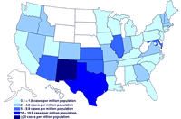 Incidence of cases of infection with the outbreak strain of Salmonella Saintpaul, United States, by state, as of July 3, 2008 9PM EDT 