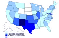 Incidence of cases of infection with the outbreak strain of Salmonella Saintpaul, United States, by state, as of July 20, 2008 9PM EDT.