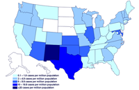 Incidence of cases of infection with the outbreak strain of Salmonella Saintpaul, United States, by state, as of July 21, 2008 9PM EDT.