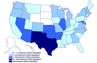 Incidence of cases of infection with the outbreak strain of Salmonella Saintpaul, United States, by state, as of July 22, 2008 9PM EDT.