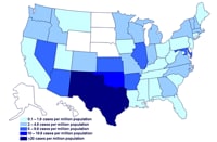 Incidence of cases of infection with the outbreak strain of Salmonella Saintpaul, United States, by state, as of August 11, 2008, 9PM EDT