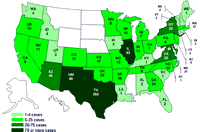 Cases infected with the outbreak strain of Salmonella Saintpaul, United States, by state, as of July 3, 2008 9pm EDT