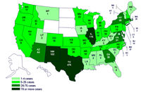 Cases infected with the outbreak strain of Salmonella Saintpaul, United States, by state, as of July 21, 2008 9pm EDT