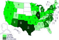 Cases infected with the outbreak strain of Salmonella Saintpaul, United States, by state, as of July 29, 2008, 9pm EDT