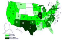 Cases infected with the outbreak strain of Salmonella Saintpaul, United States, by state, as of August 11, 2008, 9pm EDT