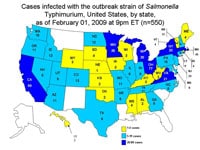Persons Infected with the Outbreak Strain of Salmonella Typhimurium, United States, by State, September 1, 2008 to February 01, 2009