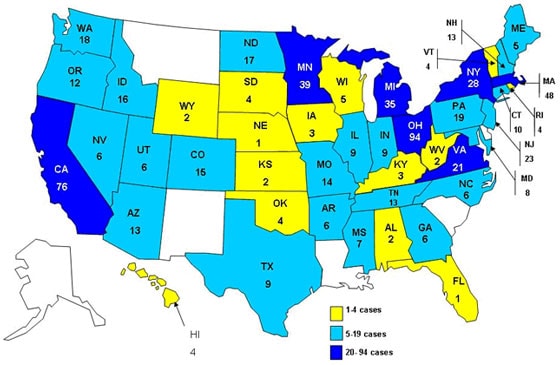 Persons Infected with the Outbreak Strain of Salmonella Typhimurium, United States, by State, September 1, 2008 to February 15, 2009