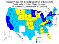 Persons Infected with the Outbreak Strain of Salmonella Typhimurium, United States, by State, September 1, 2008 to March 1, 2009