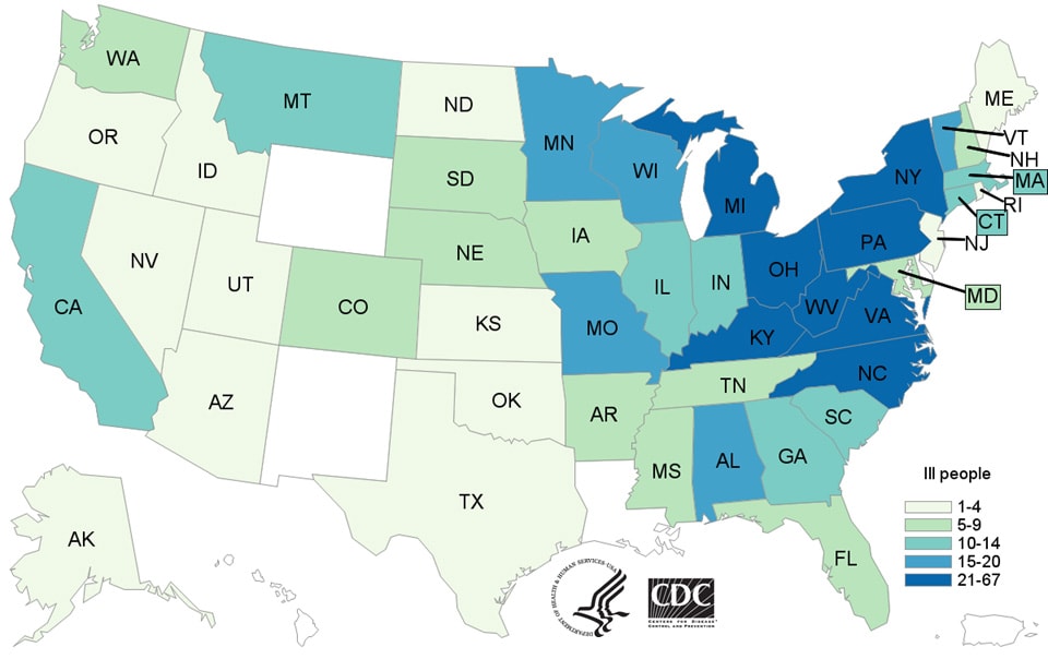 	People infected with the outbreak strains of Salmonella by state of residence, as of July 14, 2016.