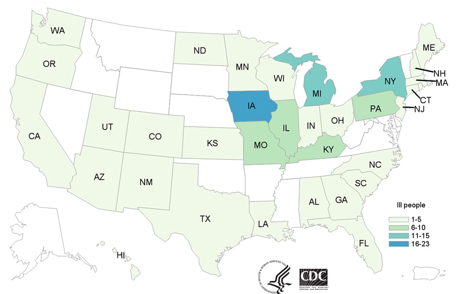 Map of United States - People infected with the outbreak strains of Salmonella by state of residence, as of July 30, 2019