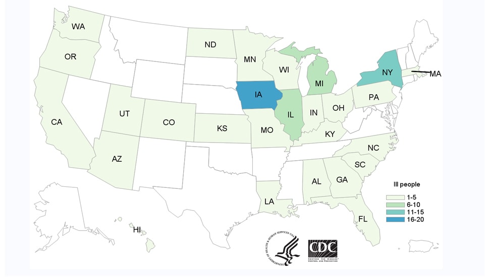 Map of United States - People infected with the outbreak strain of Salmonella, by state of residence, as of July 3, 2019