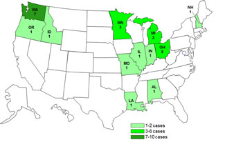 CLICK TO VIEW CASE COUNT MAPS Final Case Count Map--Persons infected with the outbreak strain of Salmonella Typhimurium, by State