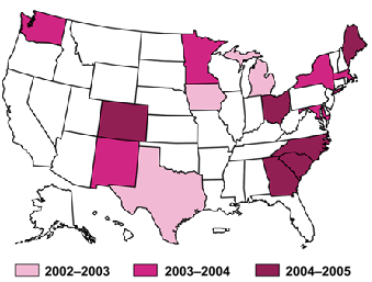 Este mapa de Estados Unidos muestra los sitios con capacidad de realizar endoscopias que participaron en la encuesta estatal de tres a�os.  Los sitios del primer a�o est�n sombreados con el color m�s claro. Durante el primer a�o del estudio, se analizaron Iowa, Michigan y Texas. Los sitios del segundo est�n sombreados con un color de tono medio. Durante el segundo a�o, se analizaron Maryland, Massachusetts, Minnesota, Nuevo M�xico, Nueva York y Washington. Los sitios del tercer a�o est�n sombreados con el color m�s oscuro. Durante el �ltimo a�o, se analizaron, Carolina del Norte, Carolina del Sur, Colorado, Georgia, Maine y Ohio.