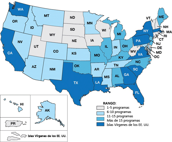 Mapa de Estados Unidos - Tourette Syndrome Association Programas de Estado (2004-2013)