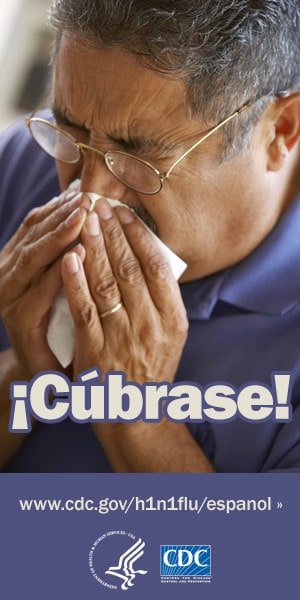 Cúbrase la nariz con un pañuelo desechable al toser o estornudar. Para obtener más información consulte www.cdc.gov/h1n1flu/espanol/