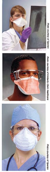 Mujer usando un respirador N95 quirúrgico; Trabajador de la salud afroamericano usando un respirador;Trabajadora de la salud usando un respirador con mascarilla de filtrado y gafas de protección.