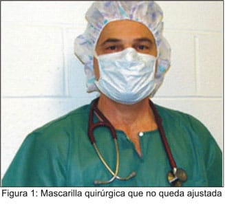 Figure 1 Vista frontal de la cabeza y el torso de un trabajador de la atención médica con un estetoscopio alrededor de su cuello, y usando una mascarilla quirúrgica que no queda ajustada.