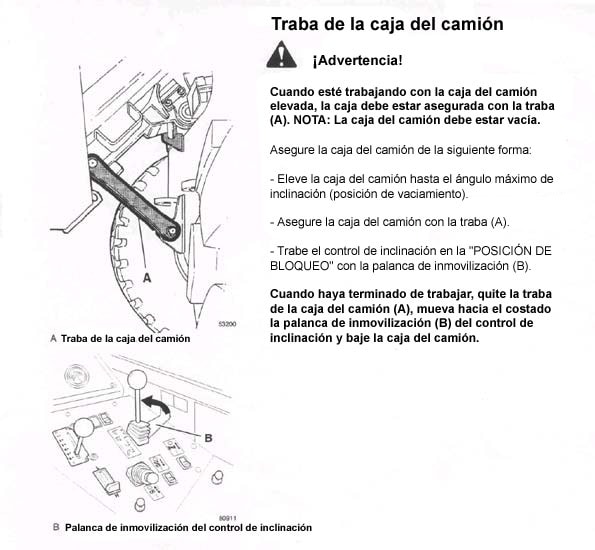 Esta figura muestra el procedimiento correcto para asegurar la traba de la caja del camión. La figura se usa con la autorización del concesionario del equipamiento y se encuentra en la página 118 del manual del operador. 