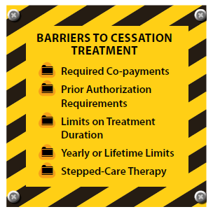 Barriers to Cessation treatment - Required Co-payments, Prior authorization requirements, limits on treatment duration, yearly or lifetime limits, stepped-care therapy
