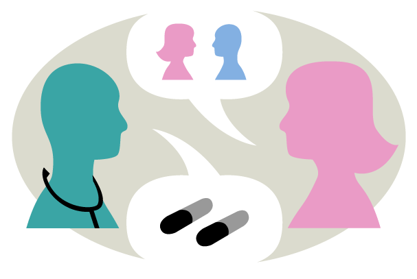 Expedited Partner Therapy. Illustration of a woman telling a clinician about her partner and the clinician prescribing treatment for both of them.