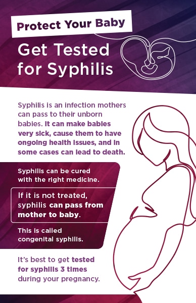 Page 1 of brochure describing how Syphilis can pass from mother to baby and make them very sick so getting a syphilis test is very important.
