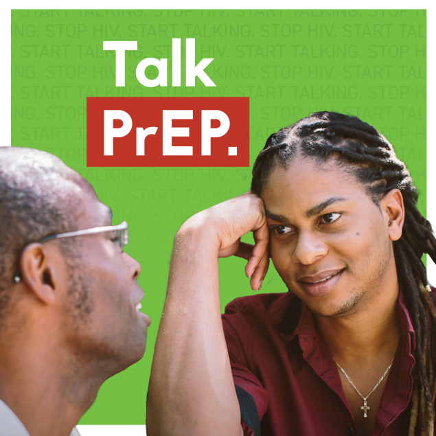 Man conversing with another man.  Text: Talk PrEP.