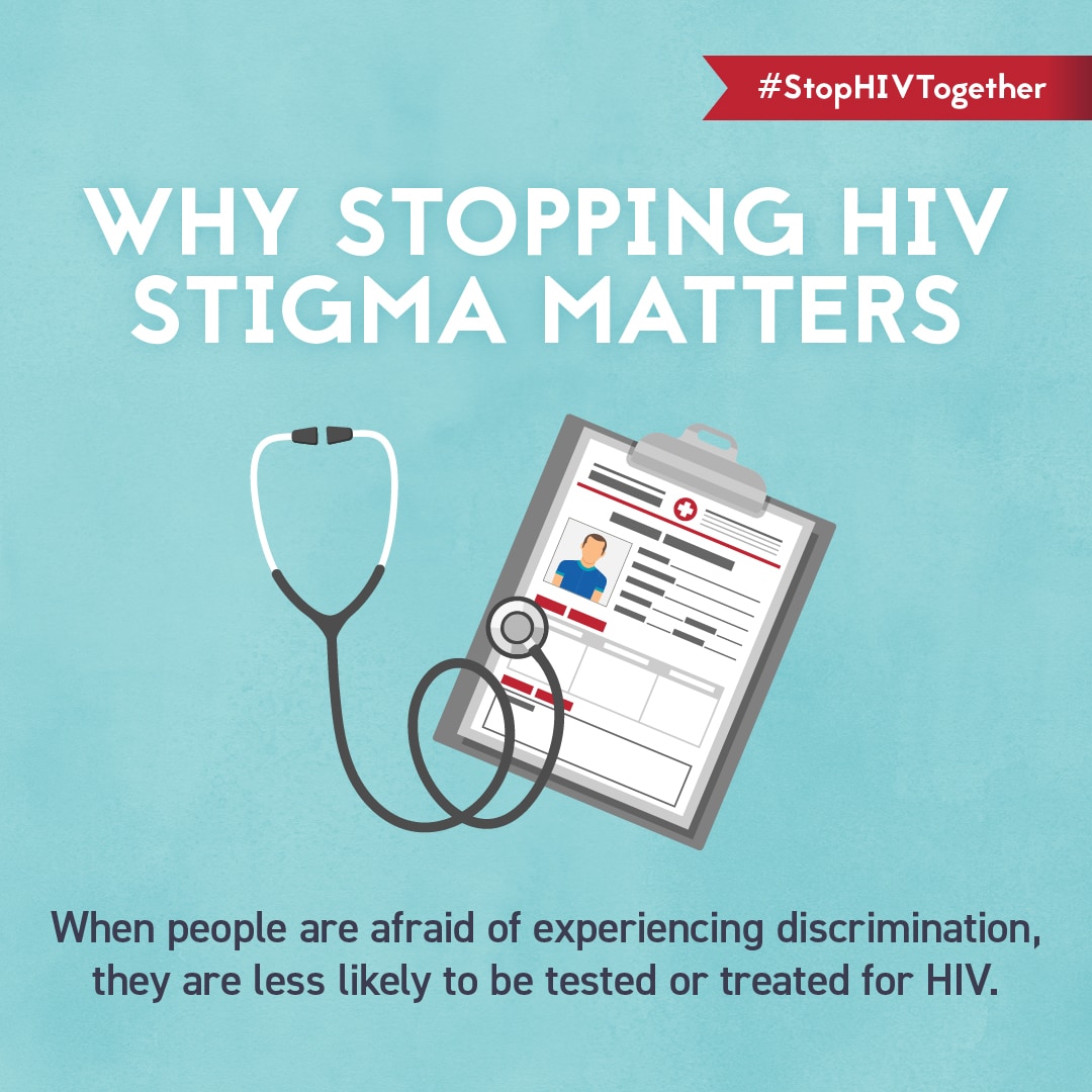 Image: Animation of a stethoscope and health chart. Text: Why stopping HIV stigma matters    When people are afraid of experiencing discrimination, they are less likely to be tested or treated for HIV.