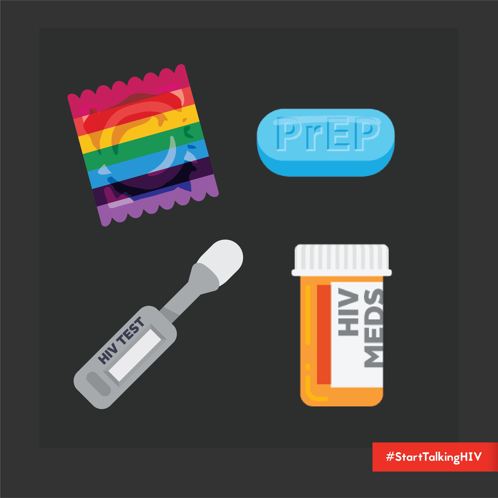 Image displays animation of a condom, a blue pill labeled “PrEP,” a swab device labeled “HIV TEST,” and a pill bottle labeled “HIV MEDS.”