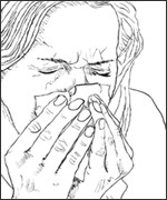 Dibujo de una mujer tosiendo en un pa&ntilde;uelo desechable.