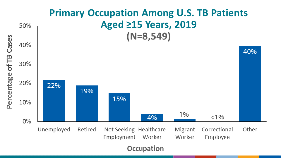 In the past, healthcare personnel, migrant workers and correctional employees were more likely to be represented as occupations among persons with TB. In 2019, the percentages were 4%, 1%, and <1% respectively; the largest category of occupations fell into the other category. Unemployed persons comprised 22% of TB cases and almost 34% were either retired or not seeking employment.