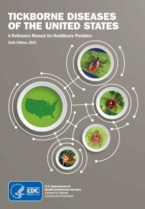 Cover image of Tickborne Diseases of the United States, Fifth Edition. Image shows a general map of the United States and images of the three most common human-biting ticks in the U.S.—Blacklegged tick, lone star tick, and American dog tick