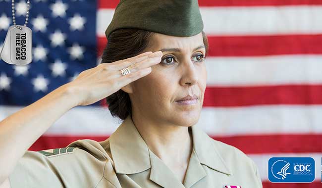 2019 Tobacco Free Days - service woman saluting in front of American flag