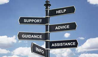 help, support, advice, guidance, assistance, info on a directional sign with the sky in the background