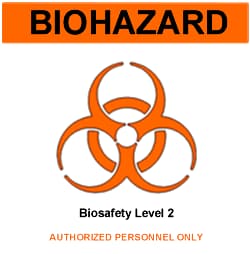 Biohazard sign for a biosafety level 2 laboratory. It states biosafety level 2, authorized personnel only.