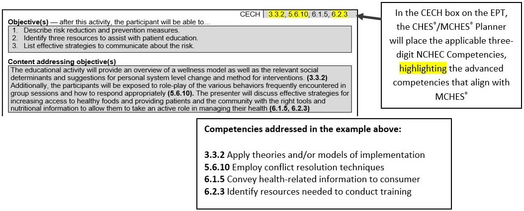 Image is excerpt/snapshot of EPT document with example of objectives and content of an educational activity and some examples of NCECH competencies that are applicable.