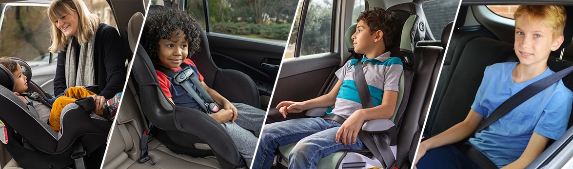 Collage of the four car seat stages: Rear-facing, forward-facing, booster, and seat belt