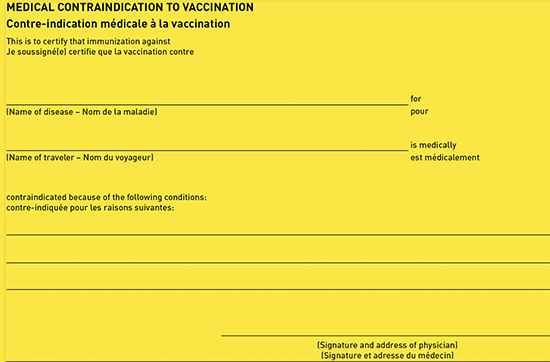 Figure 4-03. Medical contraindication to vaccination section of the international certificate of vaccination or prophylaxis (ICVP)