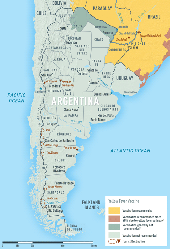 MAP 2-01. Yellow fever vaccine recommendations in Argentina