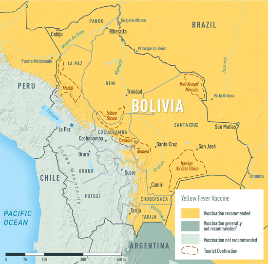 MAP 2-01. Yellow fever vaccine recommendations in Bolivia