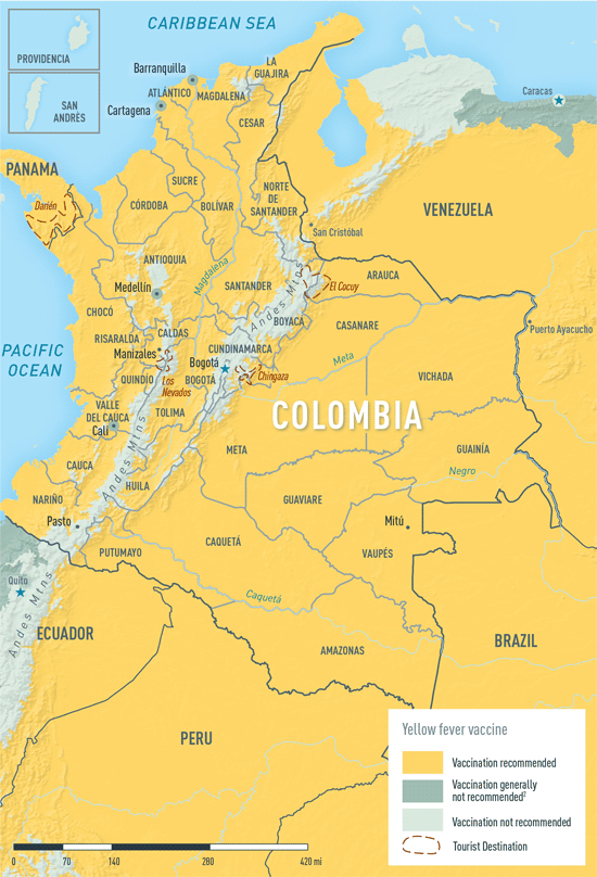 MAP 2-09. Yellow fever vaccine recommendations in Colombia