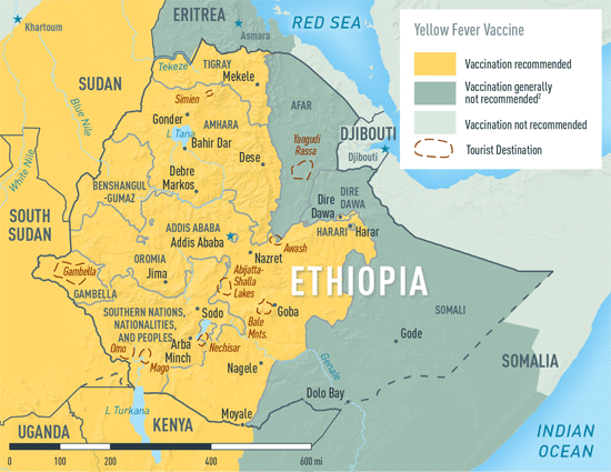 MAP 2-13. Yellow fever vaccine recommendations in Ethiopia
