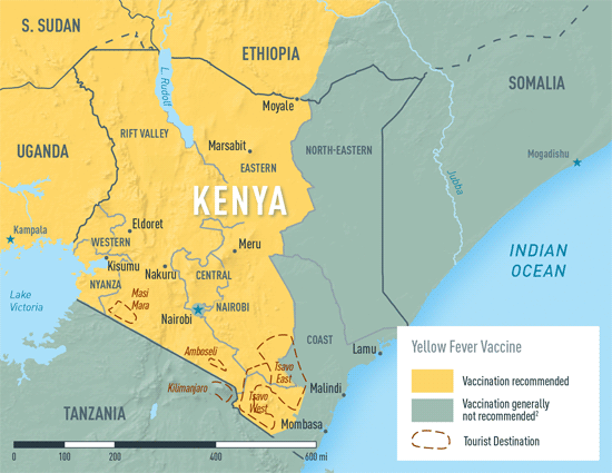 MAP 2-16. Yellow fever vaccine recommendations in Kenya