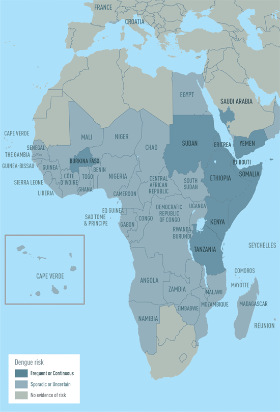 Map 4-02. Dengue risk in Africa, Europe, and the Middle East