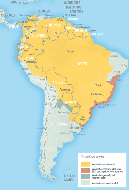 Map 4-14. Yellow fever vaccine recommendations in the Americas