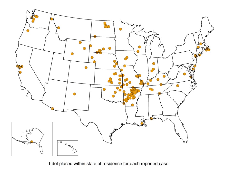 Map of the U.S. showing states with reported cases of Tularemia. See table below for data.