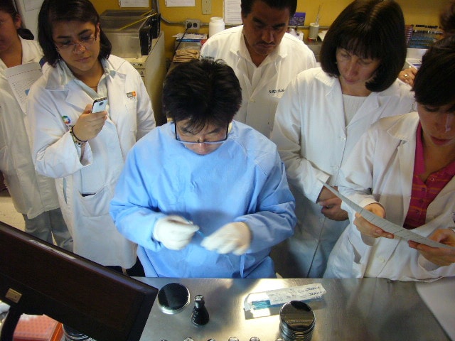 Técnicos del laboratorio binacionales participando en un entrenamiento sobre procesos diagnósticos