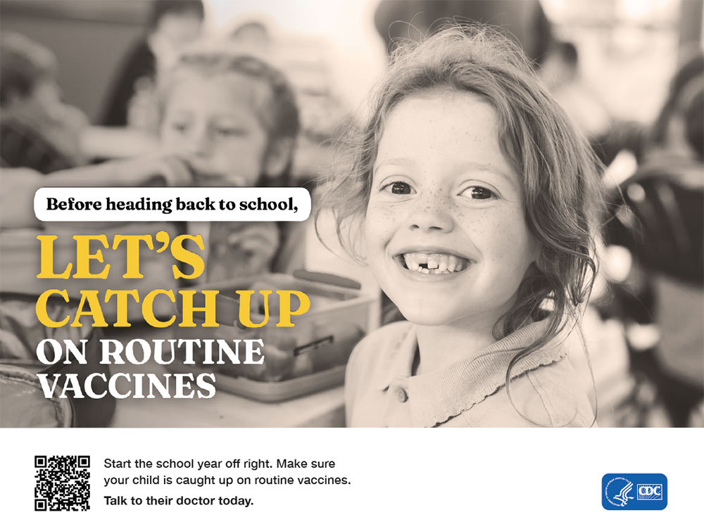 Girl smiling in a classroom. Text: Before heading back to school, let’s catch up on routine vaccines.