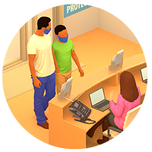 Illustration of person at front desk talking to two people.