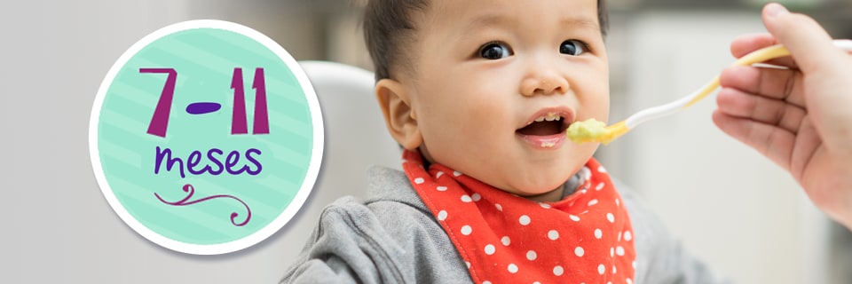 un bebé de 7 meses comiendo, saludable gracias a las vacunas