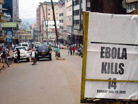 A photo in Africa stating Ebola kills 14